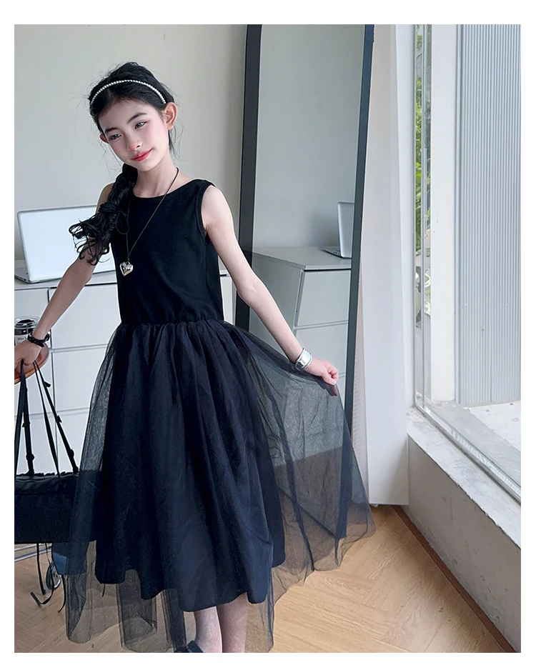 Schwarzes, rückenfreies, einteiliges Tüllkleid für Teenager-Mädchen, ärmelloses, langes Patchwork-Gaze-Kleid für Kinder, Sommerkostüm. – Detail 11