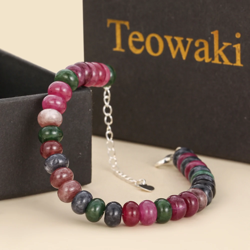 TeoWaki Dark Tourmaline Abacus Beads Bracelet Natural Stone Beaded Bracelet Adjustable Hand Jewelry Women Daily Wearing Bracelet
