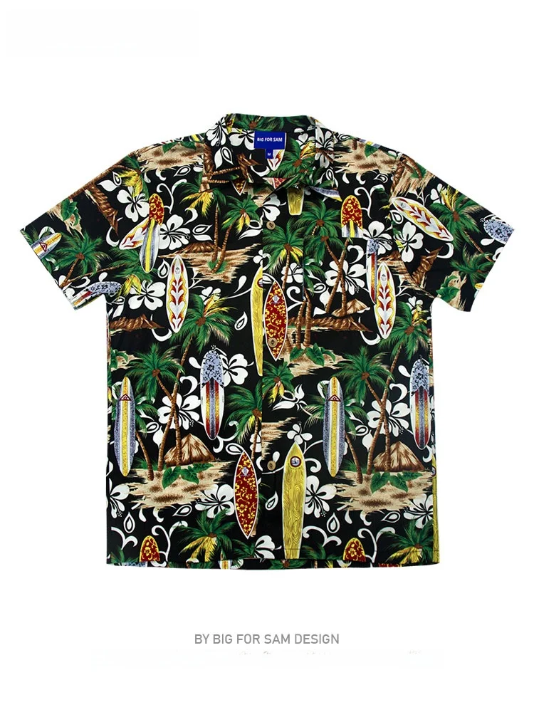 

Мужская рубашка Bigforsam Aloha Hawaii American Style с коротким рукавом, дышащая, хлопковая, летняя, пляжная, модная, повседневная, с принтом, на пуговицах