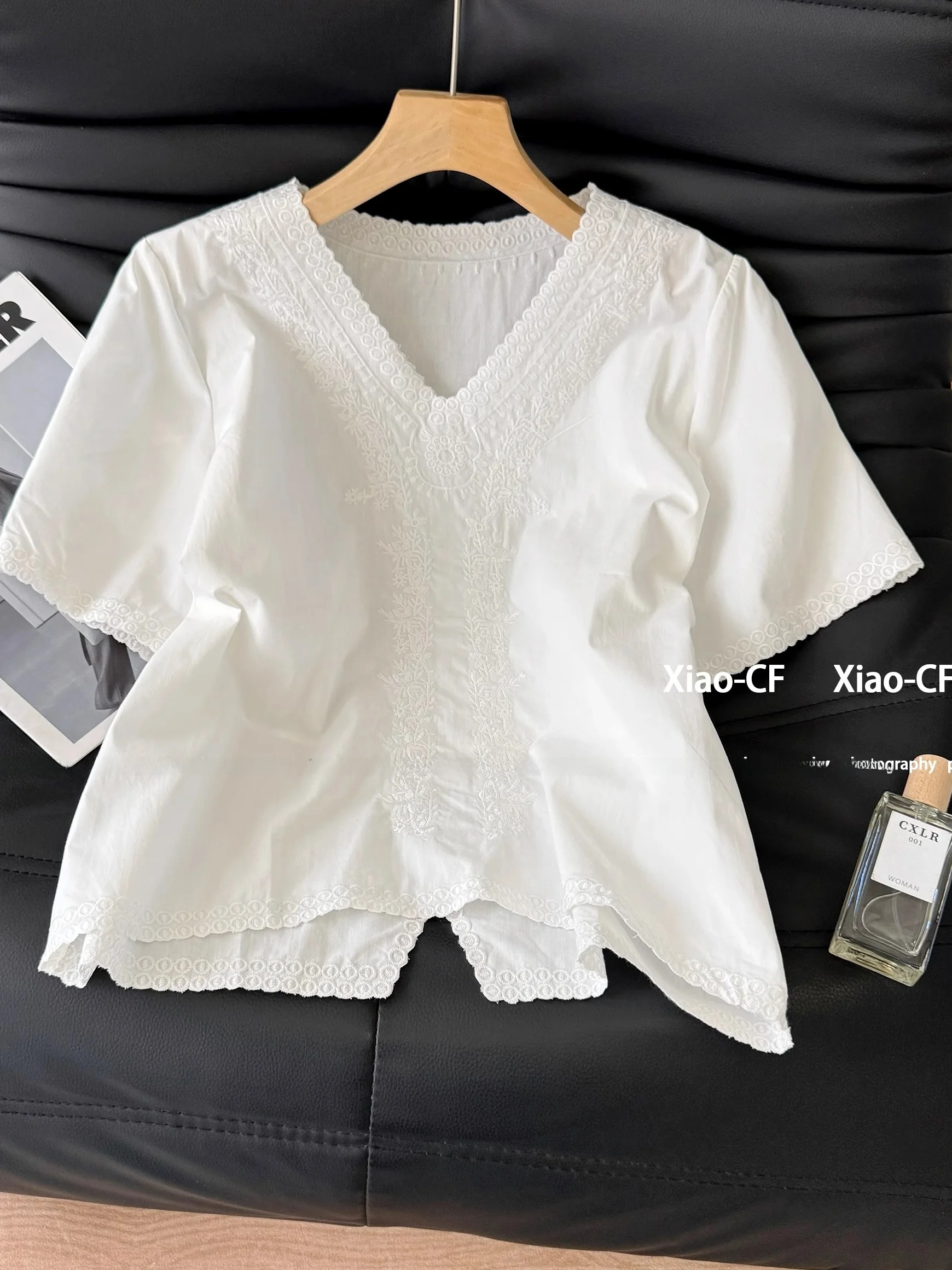 

Тяжелый льняной утюг с вышивкой Vintage Summer ort Sve V-Ne Old Money Sle Универсальный свободный крой для поездок на работу Pure Color