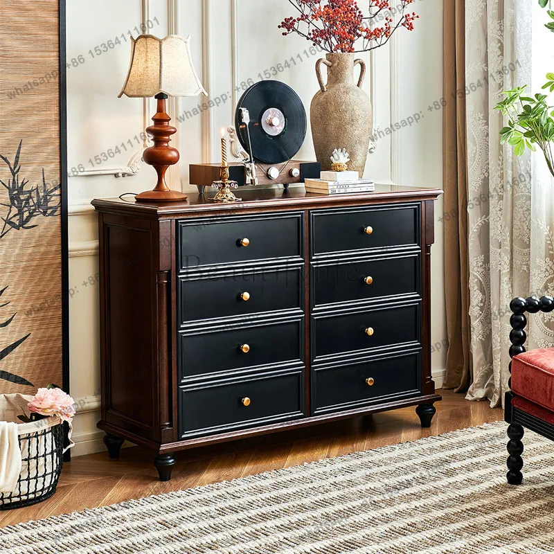 ZJ. French vintage all-solid wood two-tone eight-drawer cabinet, vintage style living room storage cabinet