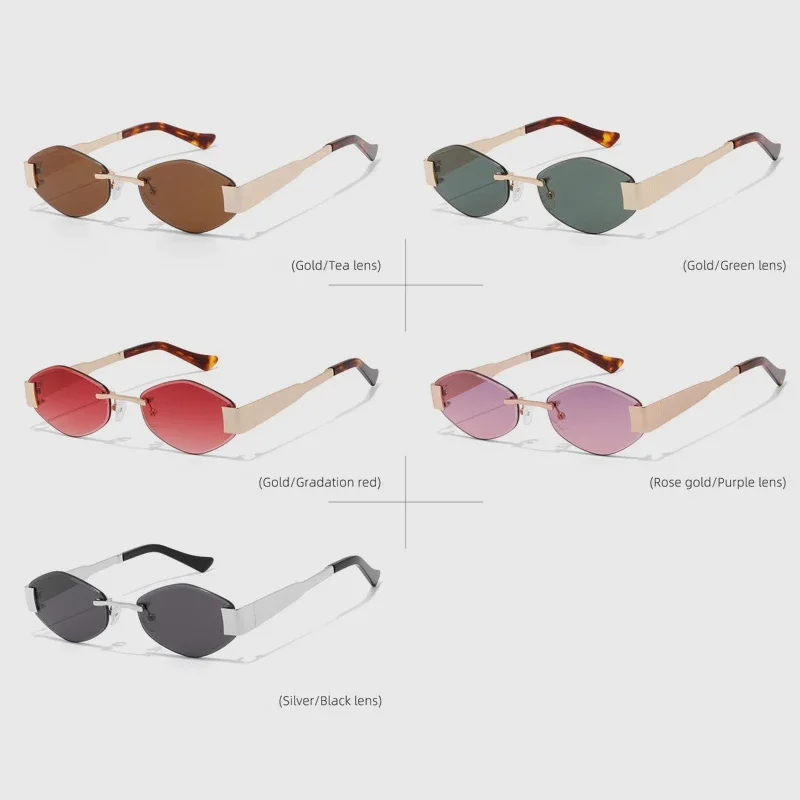 New rimless oval sunglasses QJ9290 designer handmade UV400 fashion personality color lens retro sunglasses street shot woman