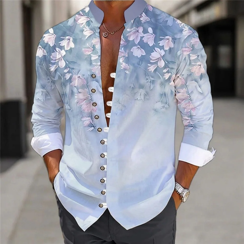 Men Yellow Gradient Watercolor Colorful Flower Long Sleeve Shirt Ink Drip Floral Print Stand Collar Beach Vacation Male Shirts