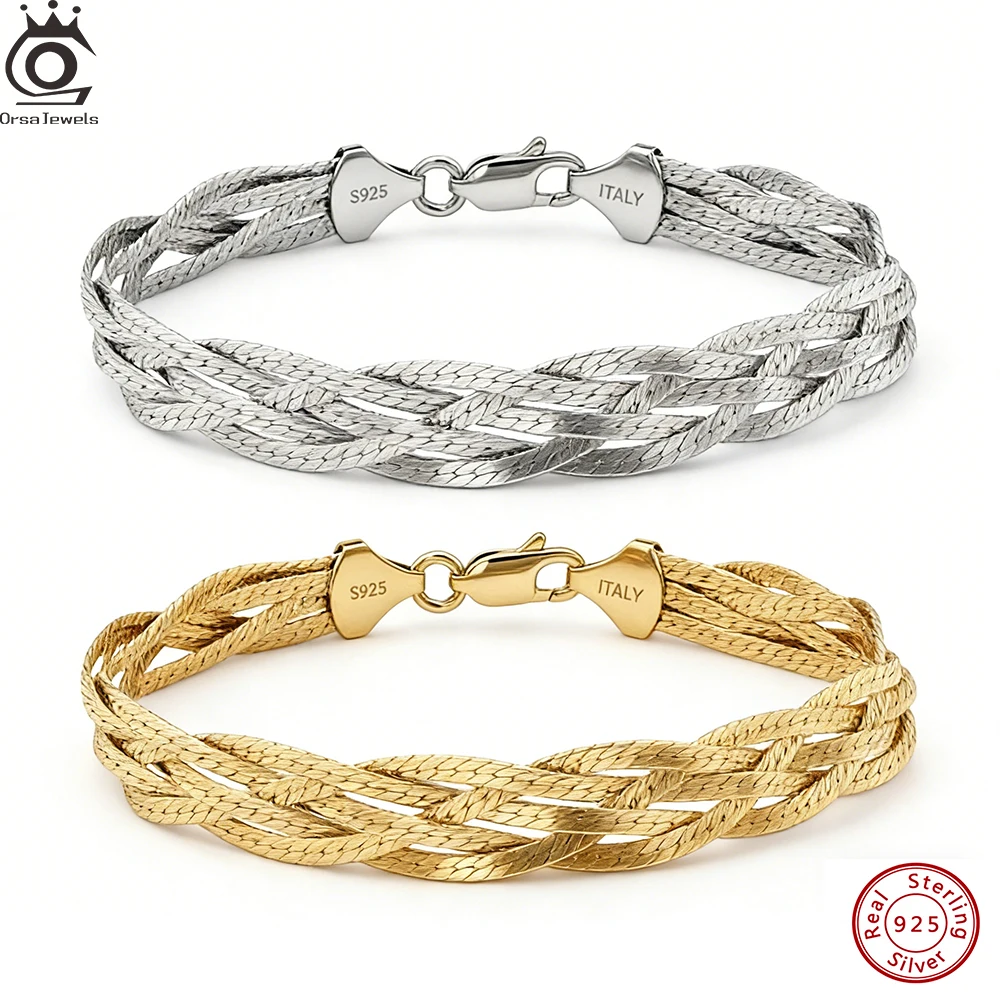

ORSA JEWELS 925 Sterling Silver Hip-Hop 7mm Braided Herringbone Chain Bracelet for Women Luxury Fashion Bangle Jewelry SB220