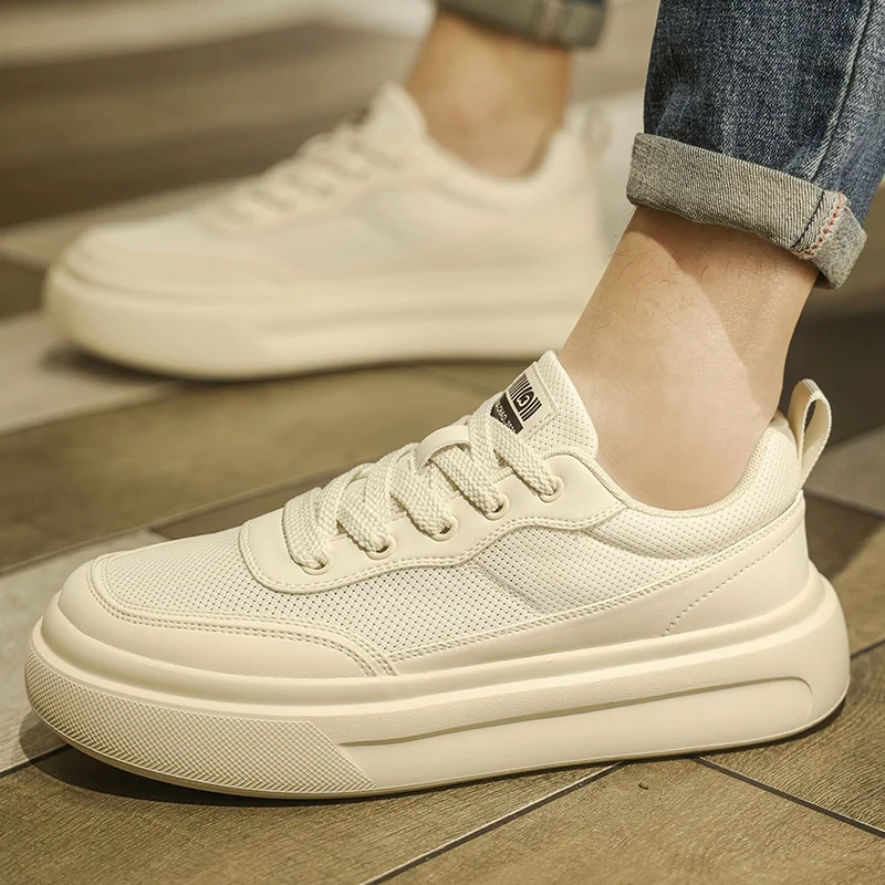 Men's Beige Height Increasing Platform Sneakers 2026 Mesh Breathable Lightweight Non-slip Casual Board Shoes for Daily Wear