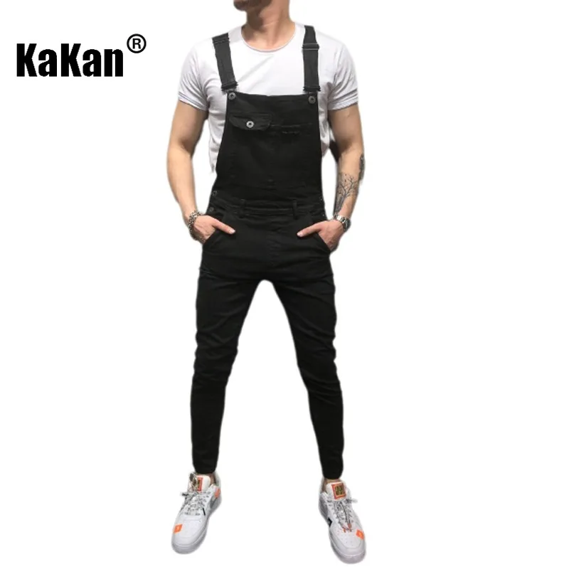 Kakan - European and American New Strap Pants Jeans for Men, Vintage Chest Pocket Black One Piece Work Jeans K34-103