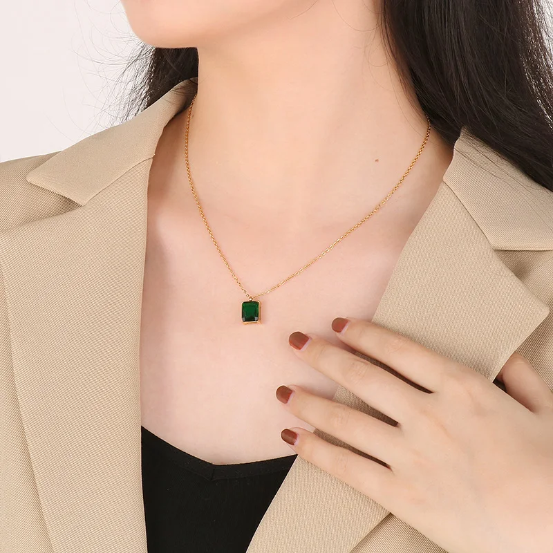 Stainless Steel Cubic Zirconia Charm Necklace For Women Trendy Green Crystal Fashion Jewelry Girl Charm Gifts