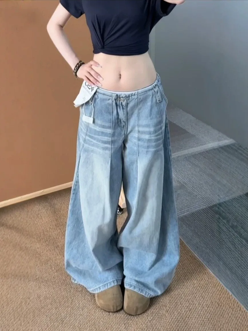 Loose Wide Leg Blue Jeans Women's Vintage American Style Loose Fit Floor-Length Trousers Comfortable Natural Waist Denim