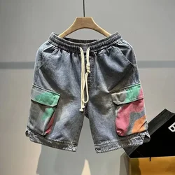 Pantalones cortos de mezclilla para hombre con bolsillos, pantalones vaqueros cortos de Hip Hop multicolores para hombre, moda coreana de verano dividida, venta grosera, Jorts Harajuku