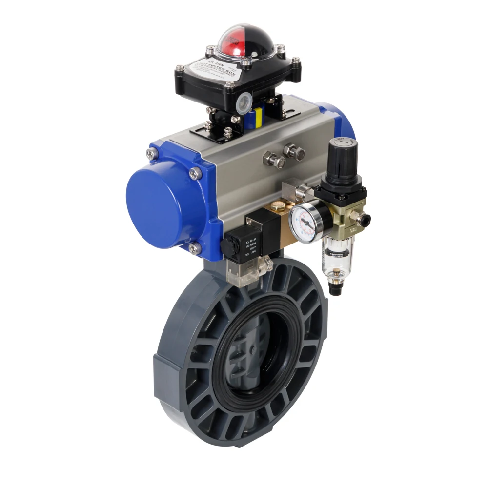 PN10 wafer PVC butterfly valve with pneumatic actuator air supply 4~6bar with hand wheel