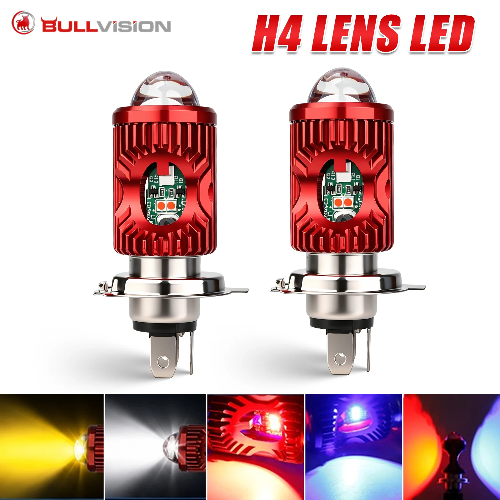 1x H4 12V LED Motorcycle Headlight 5 Lighting Modes Spotlights CSP Lens White Yellow Hi Lo Lamp Angel Eye Scooter Accessories