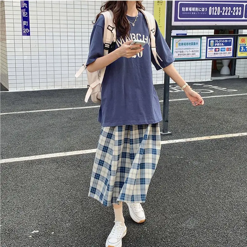 Blue Plaid Skirt Cheap Casual A-line Balloon Skirt Women\'s Summer Long Skirt for Woman Kawaii Clothes  Elegant Women\'s Skirts