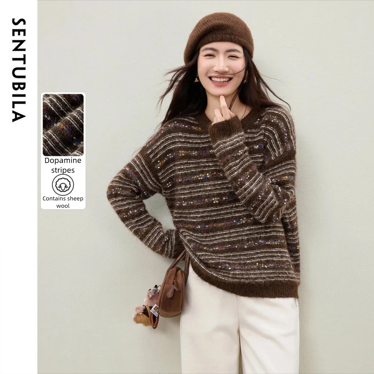 

SENTUBILA New Women's Sweater 2025 Dopamine Striped Round Neck Wool Blend Knitwear Long Sleeve Woman Winter Clothes W54EE5748