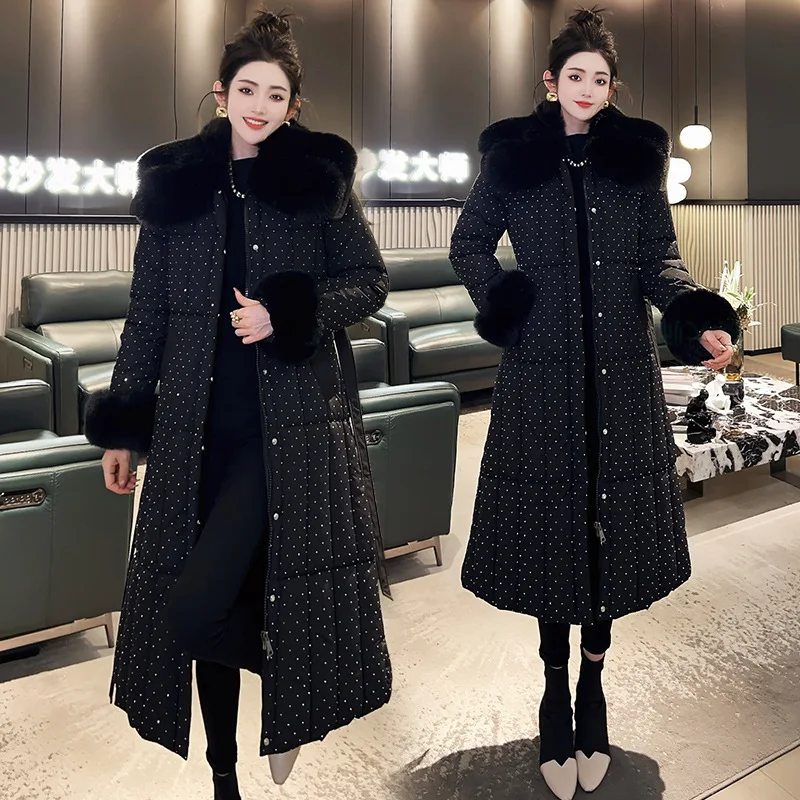 حزام الشتاء النساء معطف مبطّن عالية تألق هندسية طباعة فو الثعلب الفراء الدافئة طويلة سترة سيدة سميكة البخاخ ملابس خارجية للإناث