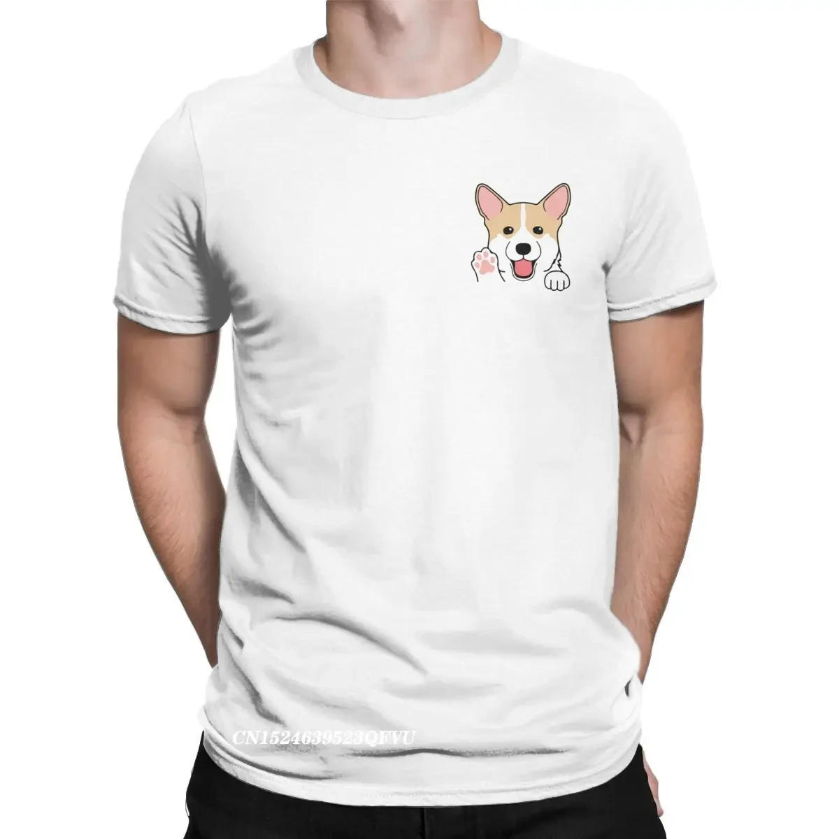 Corgi In Pocket Men T-Shirts funny Animal Vintage Pure Cotton T Shirt O-neck Harajuku Tshirt Print Clothing unisex Oversized Tee