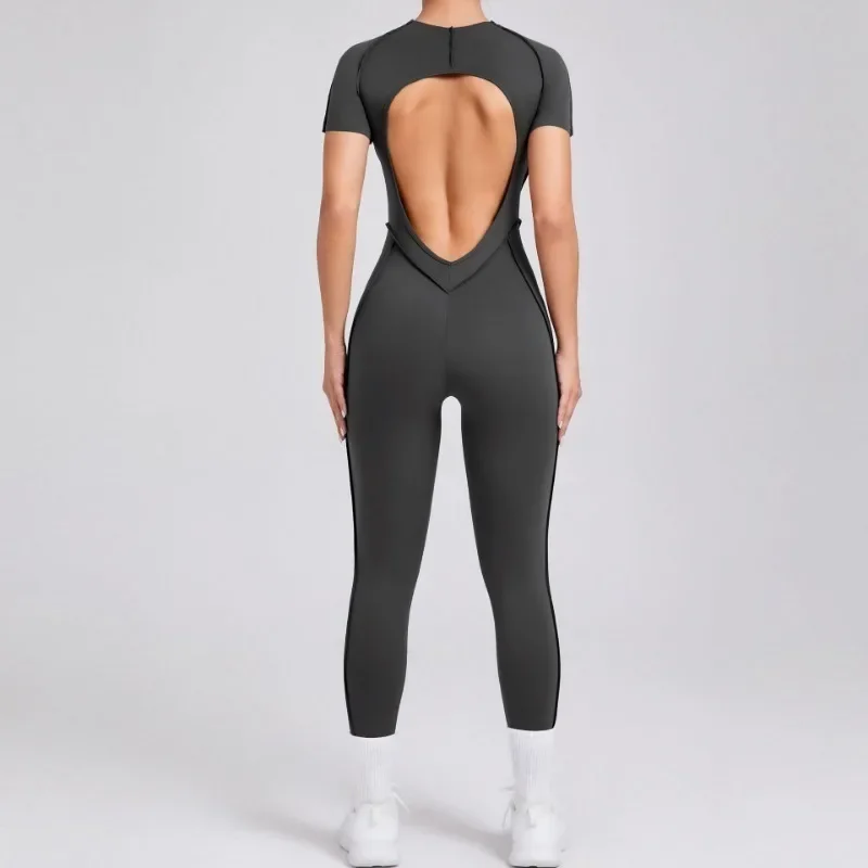 Nahtlose Yoga-Overalls, Sport-Fitness-Kombination, Hüftheben, offener Rücken, kurzärmeliges Set, Outdoor, Fitnessstudio, Workout, Trainingsanzüge für Damen – Detail 13