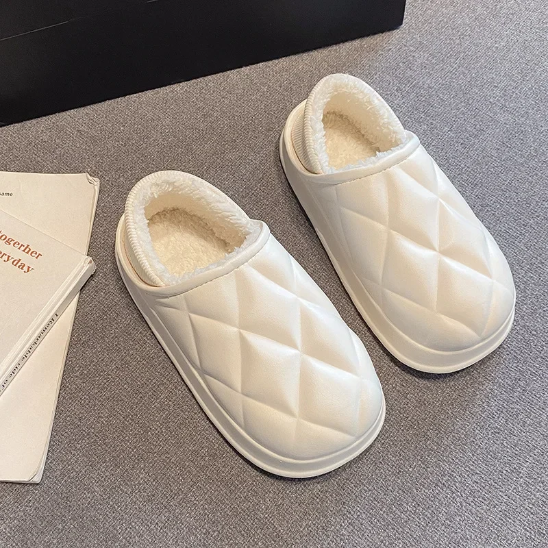Winter Indoor Home Couple Slippers Male Women Leather Fur Plush Slipper Warm Soft Non Slip Waterproof Flat Cloud Casual Shoes
