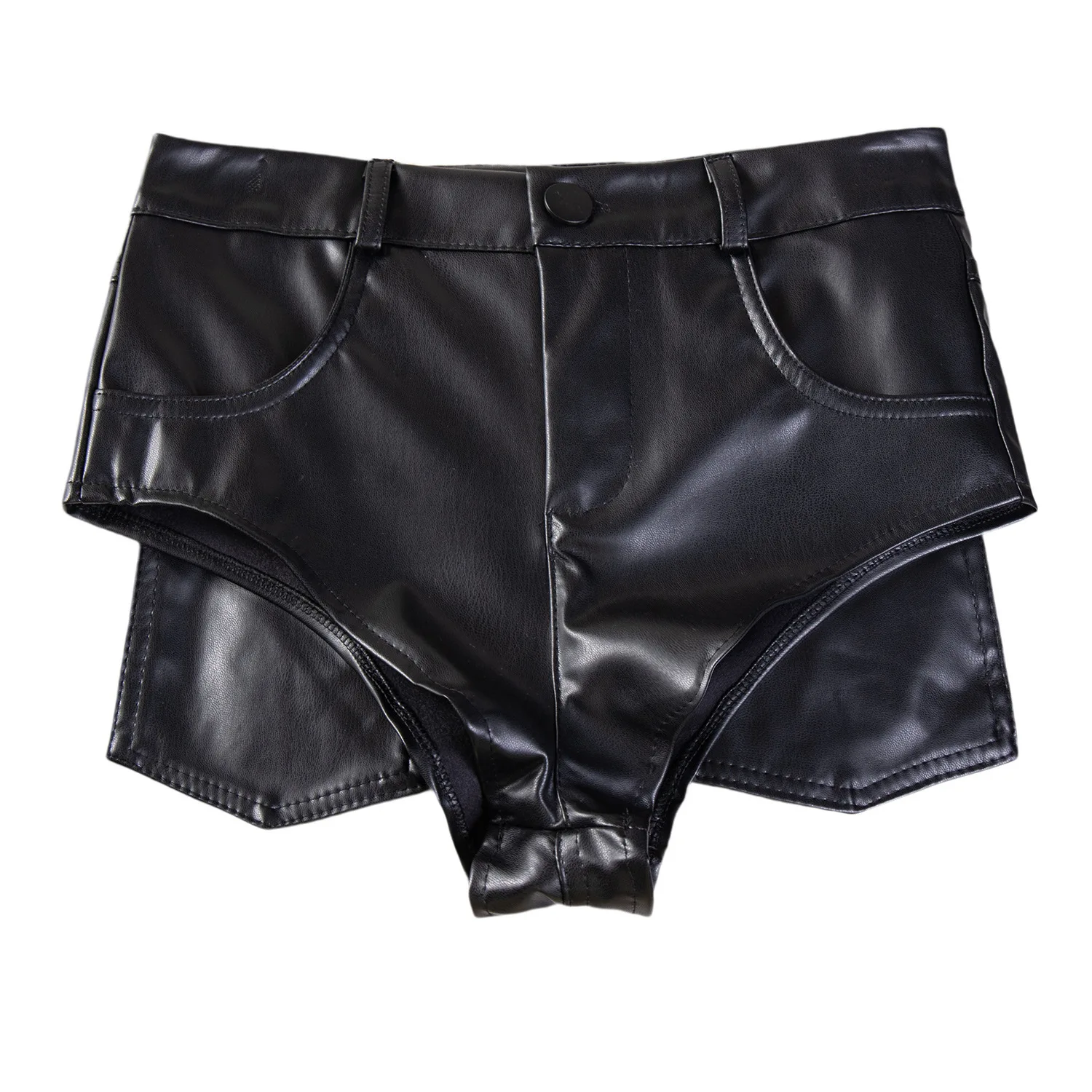 Black Pu Leather Solid Color Casual Men's Shorts Summer Fashion Short Pants Nightclub Wear Shorts Men Punk Style Black Shorts