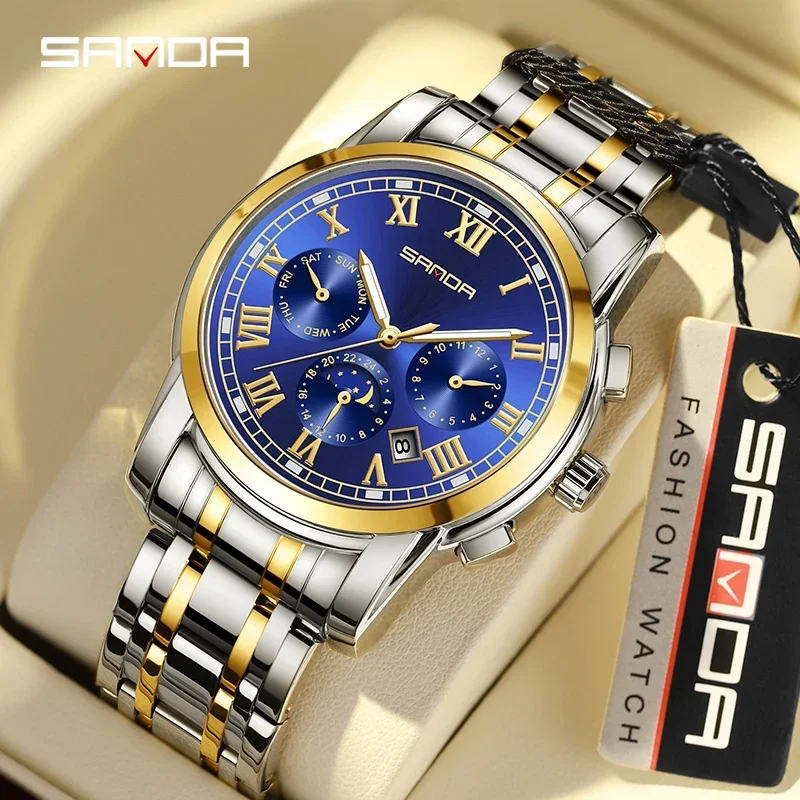 2023 SANDA New Selling Steel Band Calendar Men's Watch with Three Eyes Six Needles Multifunctional Fully Automatic Mechanical