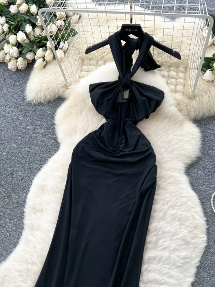 Foamlina Seksowna Sukienka Maxi z Wycięciami, Wiązana na Szyi, Długa, Damska, Europejski Styl, Siateczkowe Wstawki, Dopasowana, Podkreślająca Figurę, Elegancka, Bez Pleców