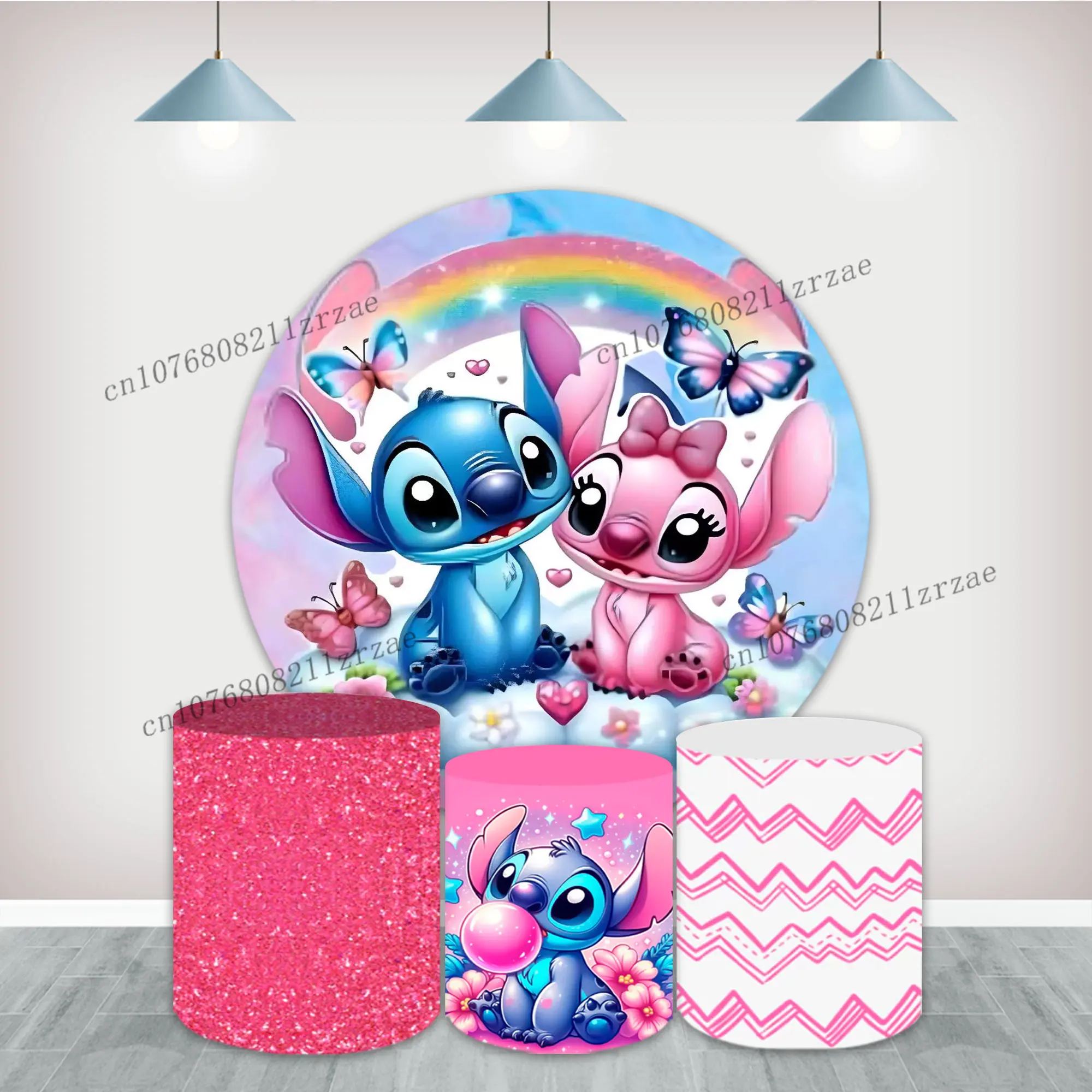 

Lilo & Stitch Round Backdrop Kids Girls 1st Birthday Party Decorations Baby Shower Banner Background Elastic Photography Poster