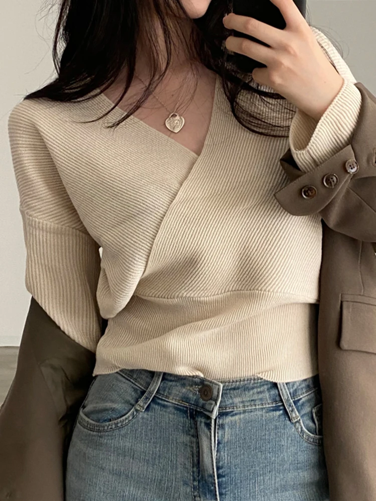 Sexy V-neck T shirts Women 2024 Autumn Winter Knitted Long Sleeve T-Shirt FemmeTops Korean Long Sleeve Loose Femme Tops