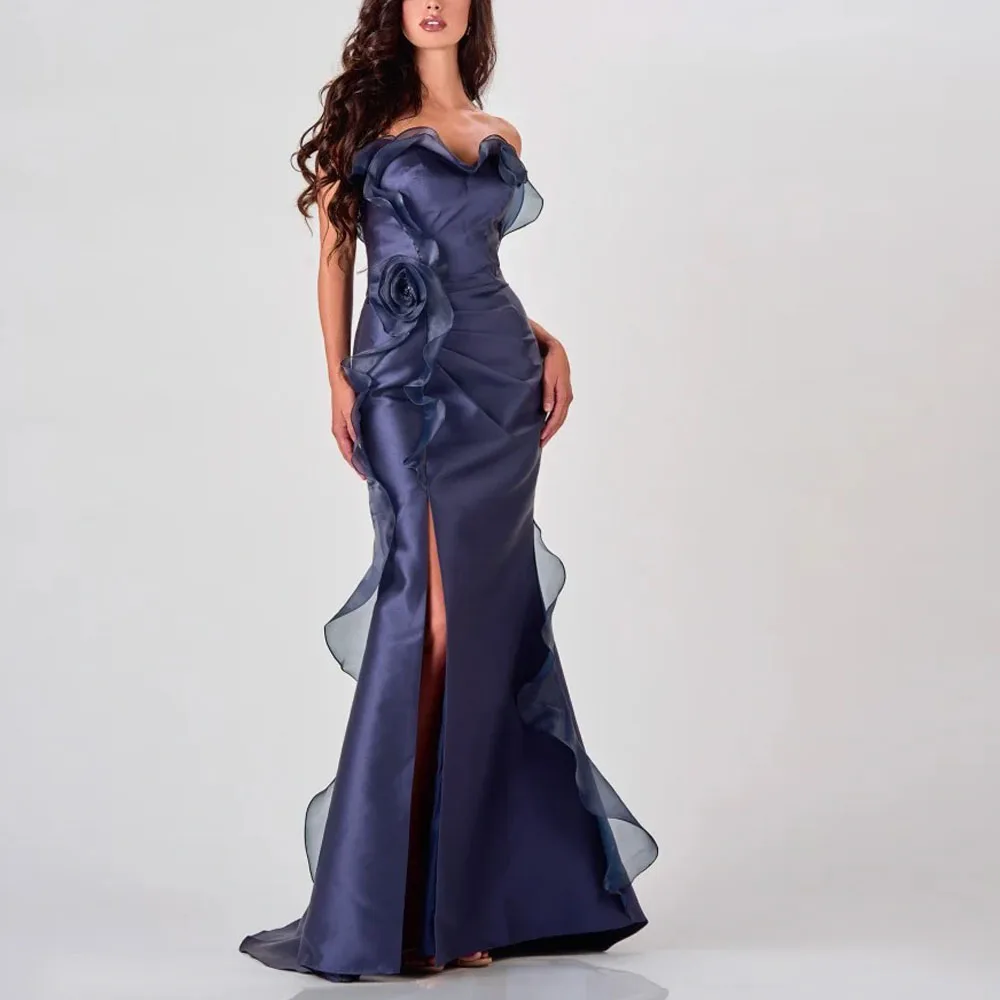 

Customized Flower Evening Dresses with Split Sweetheart Ruffles Formal Gown Navy Blue Satin Wedding Guest Outfits