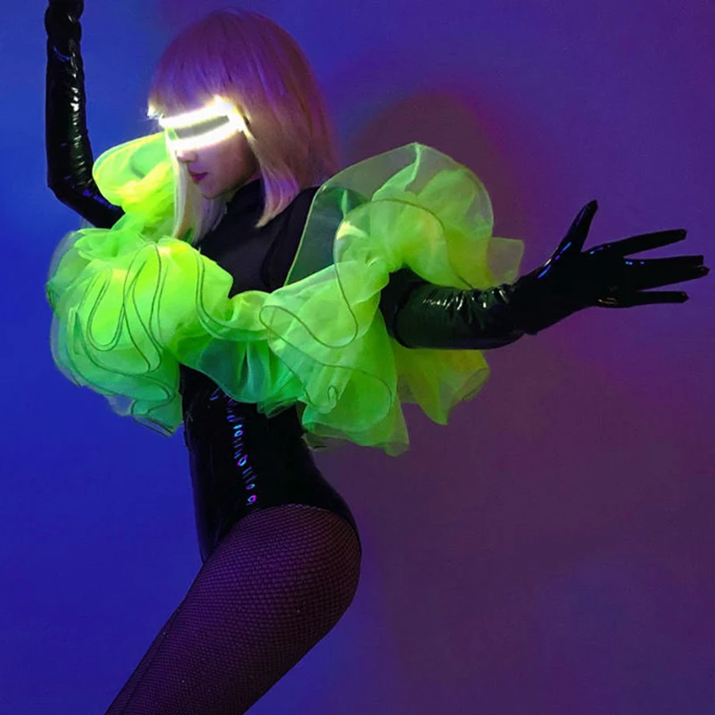 New Nightclub Gogo Dancing Costume Women Pu Leather Bodysuit Rave Outfit Fluorescent Green Lace Up Sexy Pole Dance Clothes