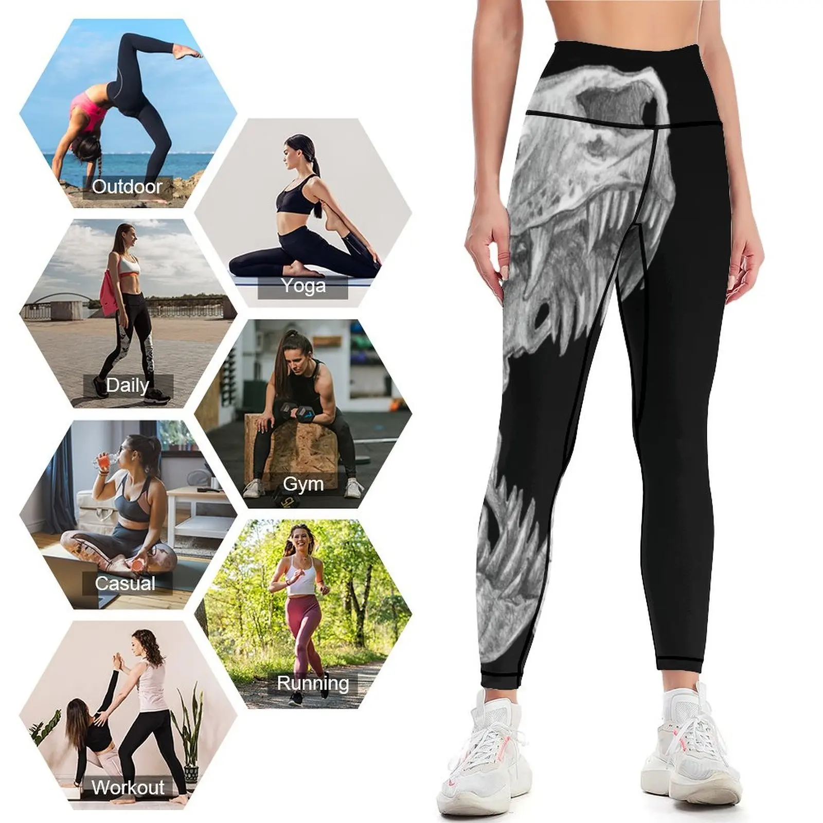 T-Rex Skull Leggings para mulheres, calças esportivas, roupas de ginástica