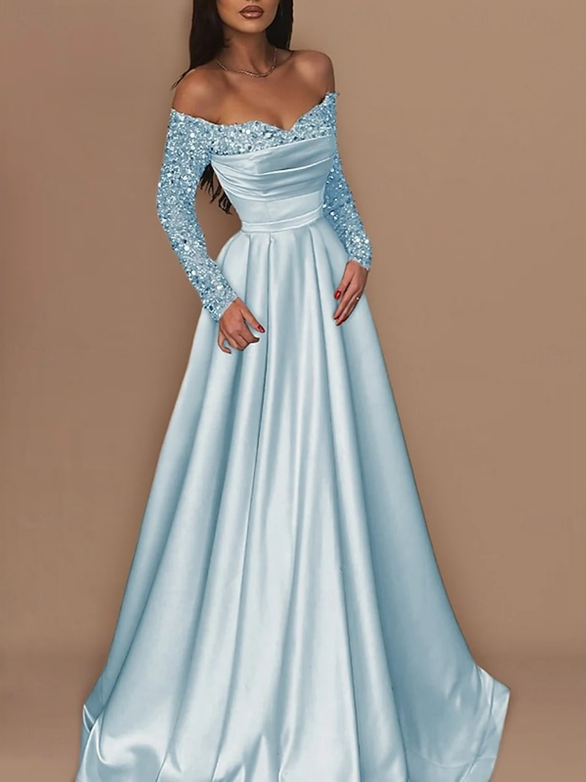 오프 숄더 샴페인 댄스 파티 드레스 스팽글 긴 소매 a 라인 이브닝 드레스 새틴 로브 드 야회 파티 Forml 가운