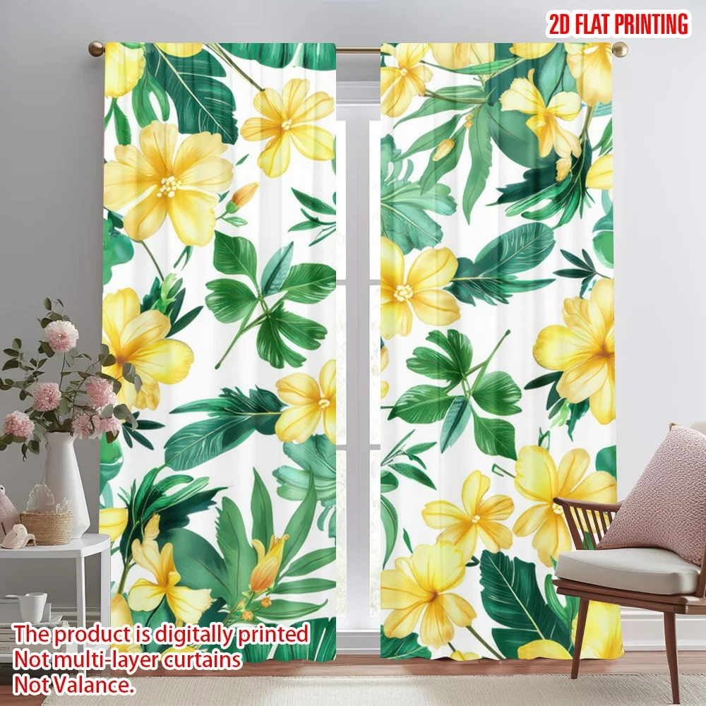 

2D flat printing 2pcs Curtain Yellow Tropical Flowers Digital Printed Polyester Drapes Festive Holiday for Yard & Garden Perfect