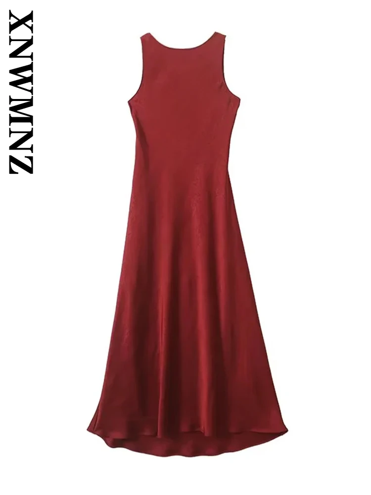 Xnwmnz 2025 verão nova mulher chique vestido de cetim maxi saia vintage feminino cor sólida o-gola sem mangas topo regular ajuste vestidos