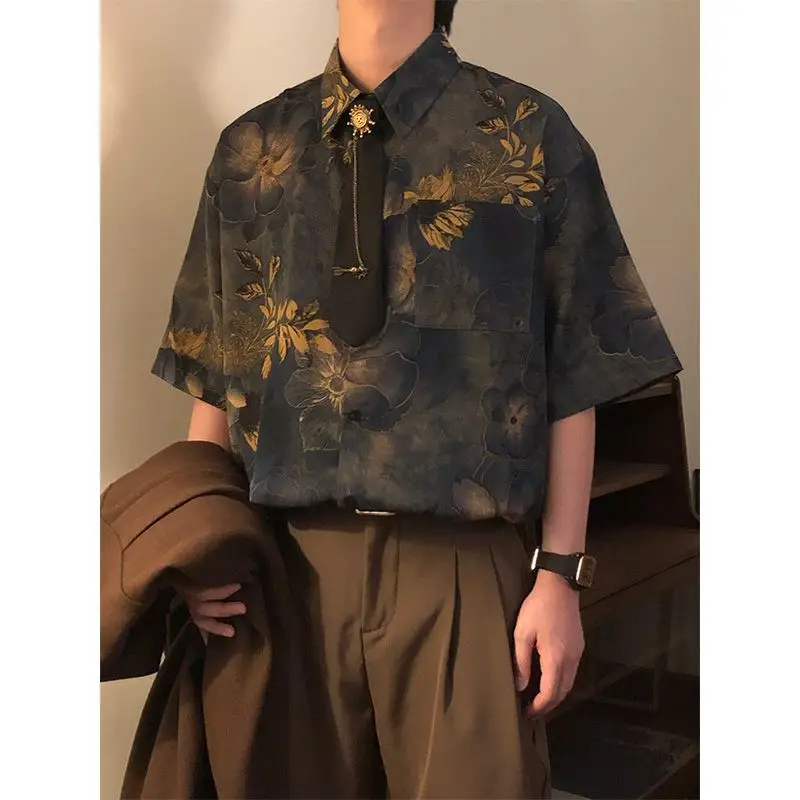 Summer Men Floral Vintage Short Sleeve Shirt With Tie 70s Fashion Casual Retro Business Classic Loose Blouse Clothing Navy Blue