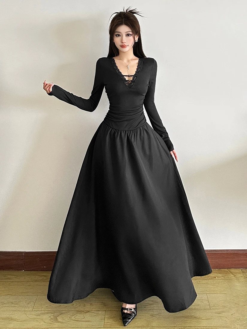 WEIRD PUSS artístico sle longo sve renda guarnição v-ne dr vestido feminino de emagrecimento com cintura mistura de poliéster e elastano