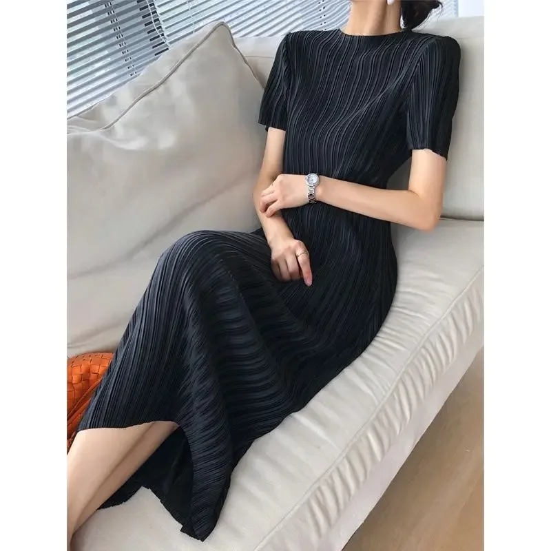 

Women Elegant Pleated Dress Summer Loose Turtleneck Short Sleeve Long Dress Korean Fashion Party Vestidos Aesthetic Clothing