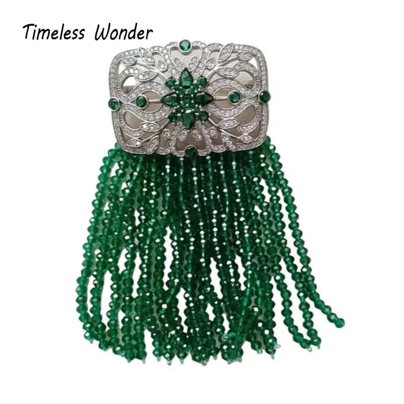 Timeless Wonder Fancy Zircon Geo Glass Beaded Tassel Brooch Pins for Women Designer Jewelry Runway Rare Luxury Gift Top 5381