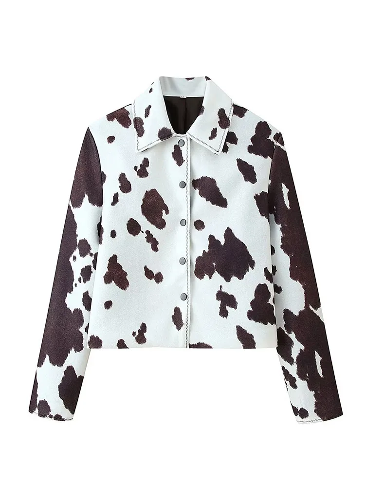 HH Women's Autumn Vintage Cow Pattern Print Jacket Female High Street Casual Covered Button Lapel Long Sleeve Woolen Jacket