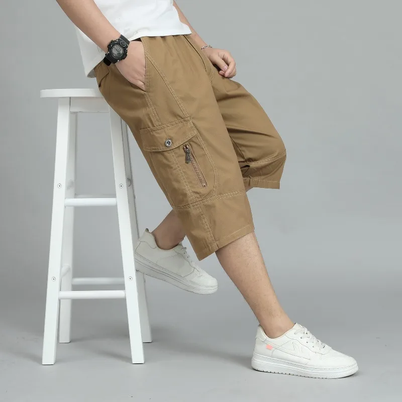 Summer Men's Solid Pockets with Elastic Button Zipper High Waisted Casual Sportswear Loose Trousers Preppy Style Formal Shorts