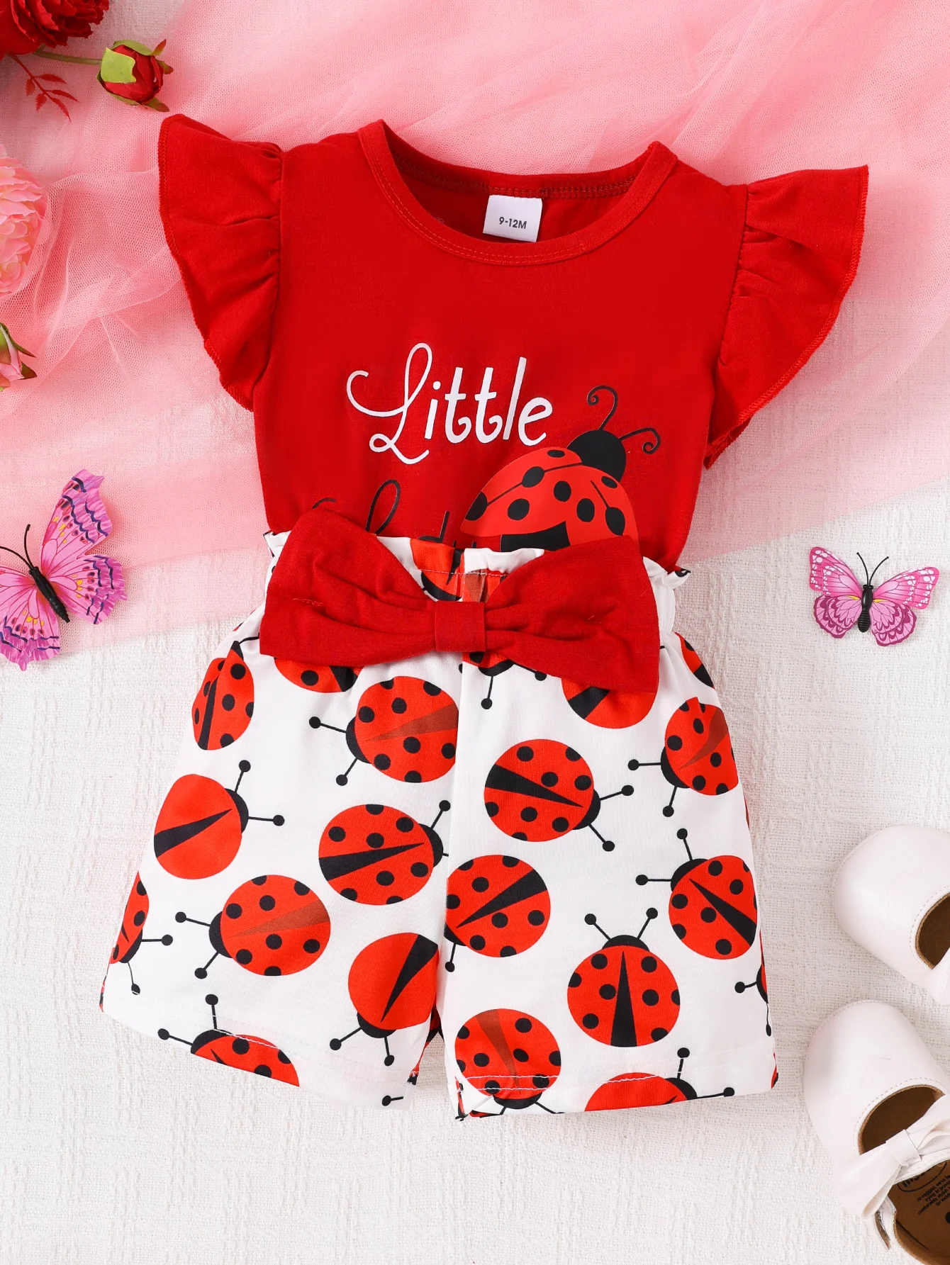 Ensemble t-shirt à manches courtes et Short à nœud papillon pour bébé fille de 0 à 24 mois, imprimé coccinelle, à volants