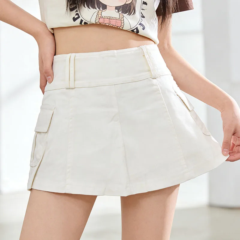 

Европейско-американская осенняя однотонная джинсовая плиссированная юбка в стиле 2000-х с карманами и декоративной строчкой, облегающая, в уличном стиле, универсальная, женская юбка