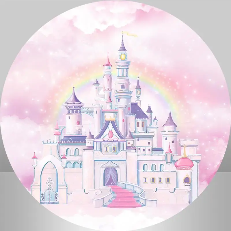 Pink Rainbow Castle Round Backdrop Cover Girl Baby Shower Birthday Party Circle Background Candy Table Banner