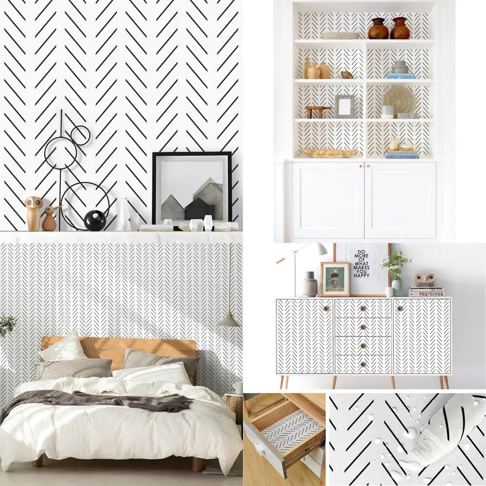 ورق جدران قابل للتقشير واللصق بتصميم هندسي حديث للحمام، تصميم أبيض وأسود، مقاس 17.7 بوصة × 590.5 بوصة ذاتي اللصق