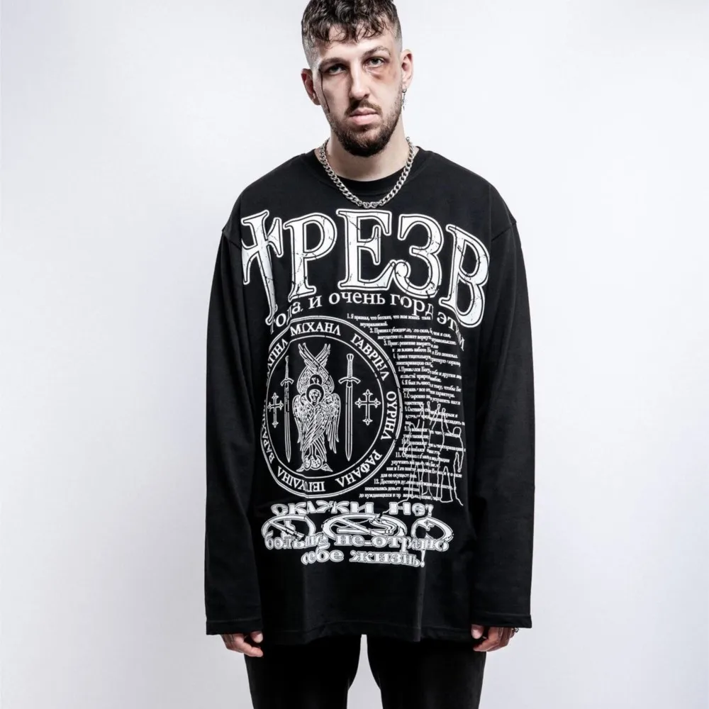 Oversized Men T-Shirt Streetwear Sober Graphic Print Autumn Hip Hop Korean Long Sleeve Y2k Tops Tees Cotton Unisex Clothing Goth