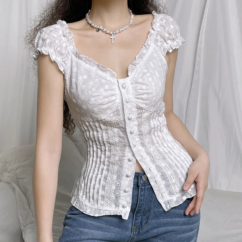 2000s French Pure Desire Girl Cute Bubble Sleeve Pure Colour Tops Summer Pleated Lace Button Cardigan Short Sleeve Slim T-shirt