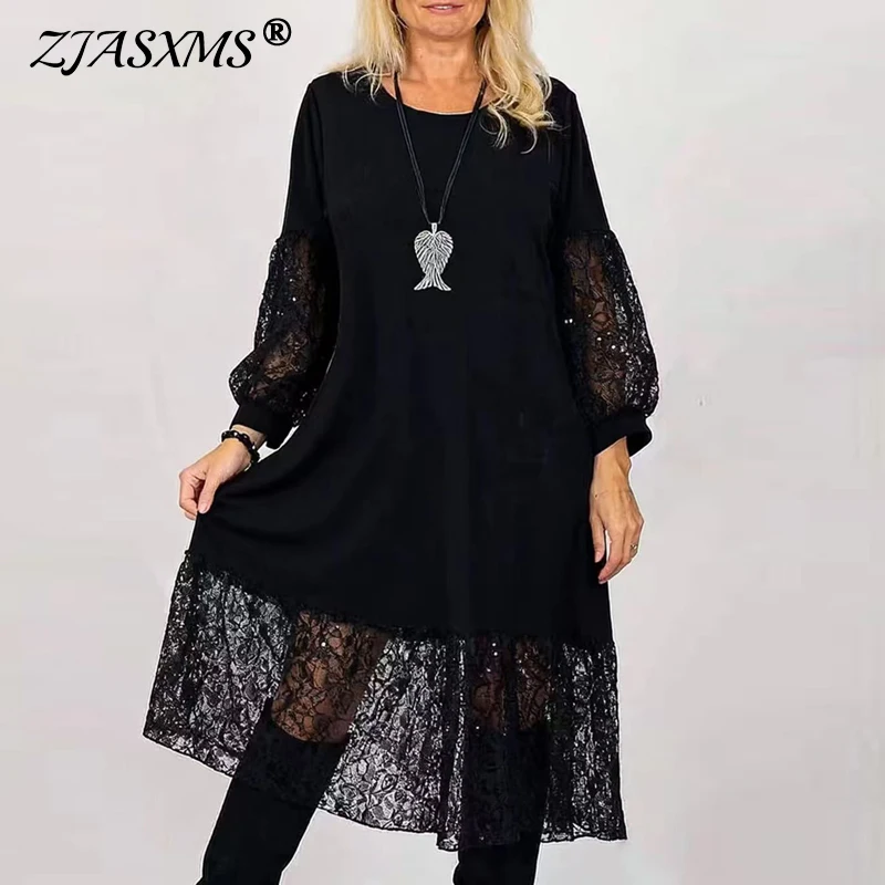 2026 primavera tripulação pescoço retalhos rendas vestido longo mulher casual solto balanço a linha vestido de festa outono manga longa oco boho vestido