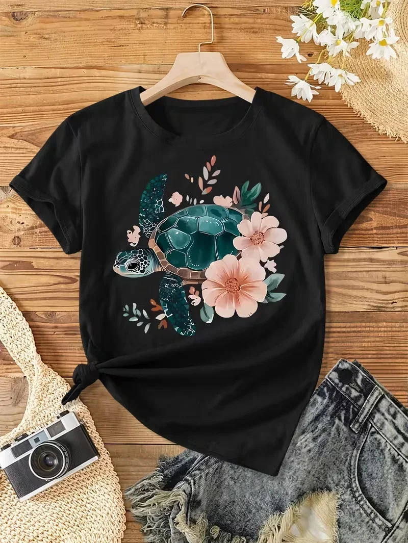 Women's Vintage Floral Turtle & Peach Blossom Print Short Sleeve T-Shirt - Soft Stretch Round Neck Casual Top for Spring Summer