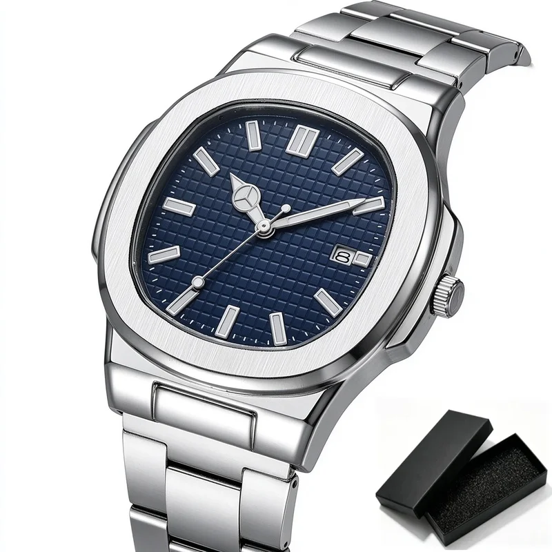 Minimal Square Dial Stainless Steel Men Quartz Wristwatch New Style Date Display Daily Casual Watch