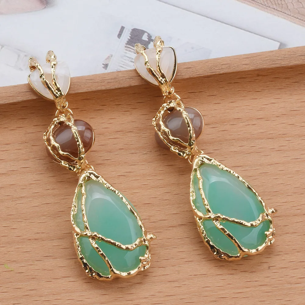 2026 New Trend Boho Green Resin Stone Dangle Earrings Women Indian Ethnic Vintage Statement Water Drop Long Earring Lady Jewelry