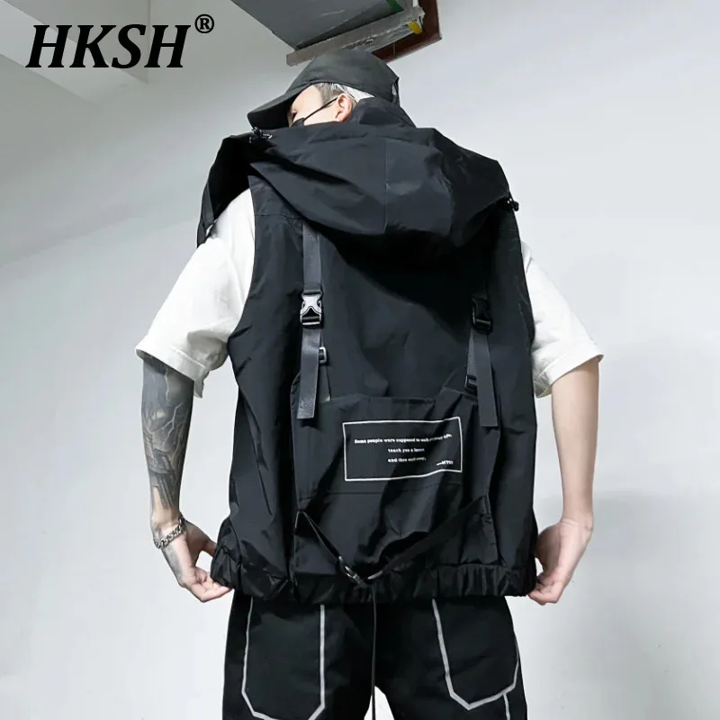 HKSH Multi Pockets Functional Tactical Charging Hooded Vest Loose Fitting Men's Tide Dark Chic Trendy Camisole Waistcoat HK0134