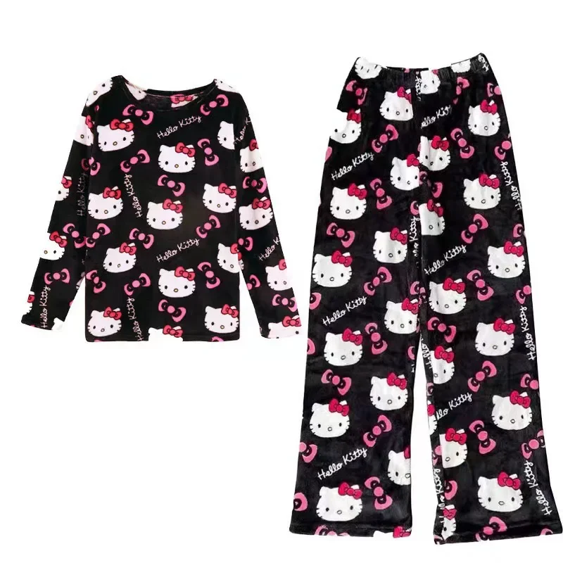 Hiver Hello Kitty pyjamas ensemble flanelle pantalon Kawaii dessin animé pyjama costume chaud épaissi femme pantalon en peluche Homewear mignon vêtements de nuit